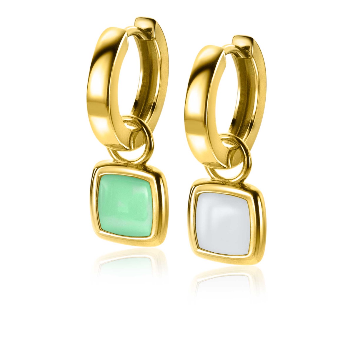 10mm ZINZI Gold Plated Sterling Silver Earrings Pendants Square Two-sided Mint Green and White Onyx ZICH2308 (excl. hoop earrings)