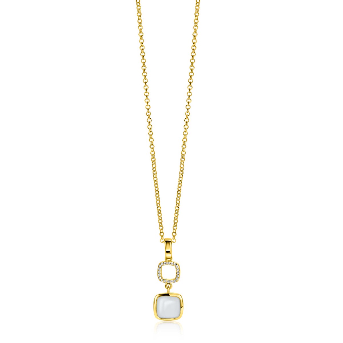 30mm ZINZI Gold Plated Sterling Silver Pendant Square Two-sided with White Onyx and Mint Green Color Stone ZIH2308 (excl. necklace)