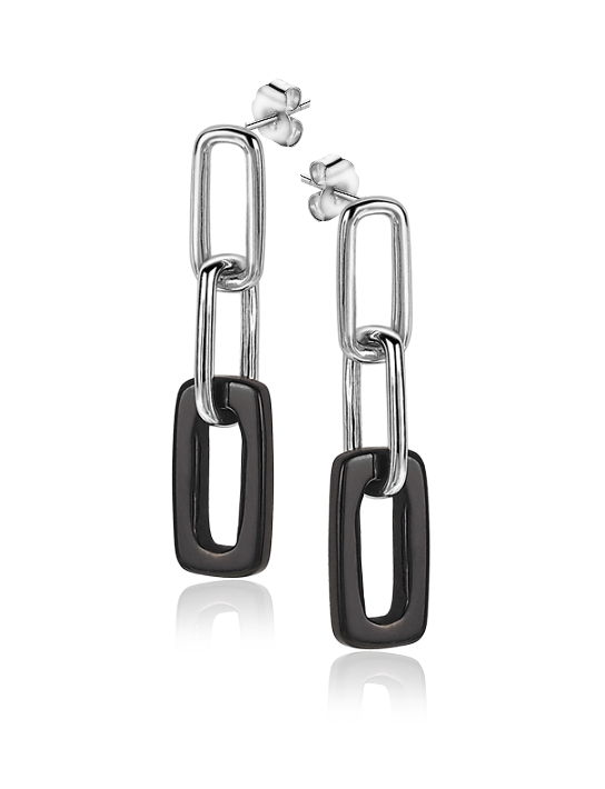 34mm ZINZI Sterling Silver Drop Earrings Oval Chains Black Onyx ZIO2208