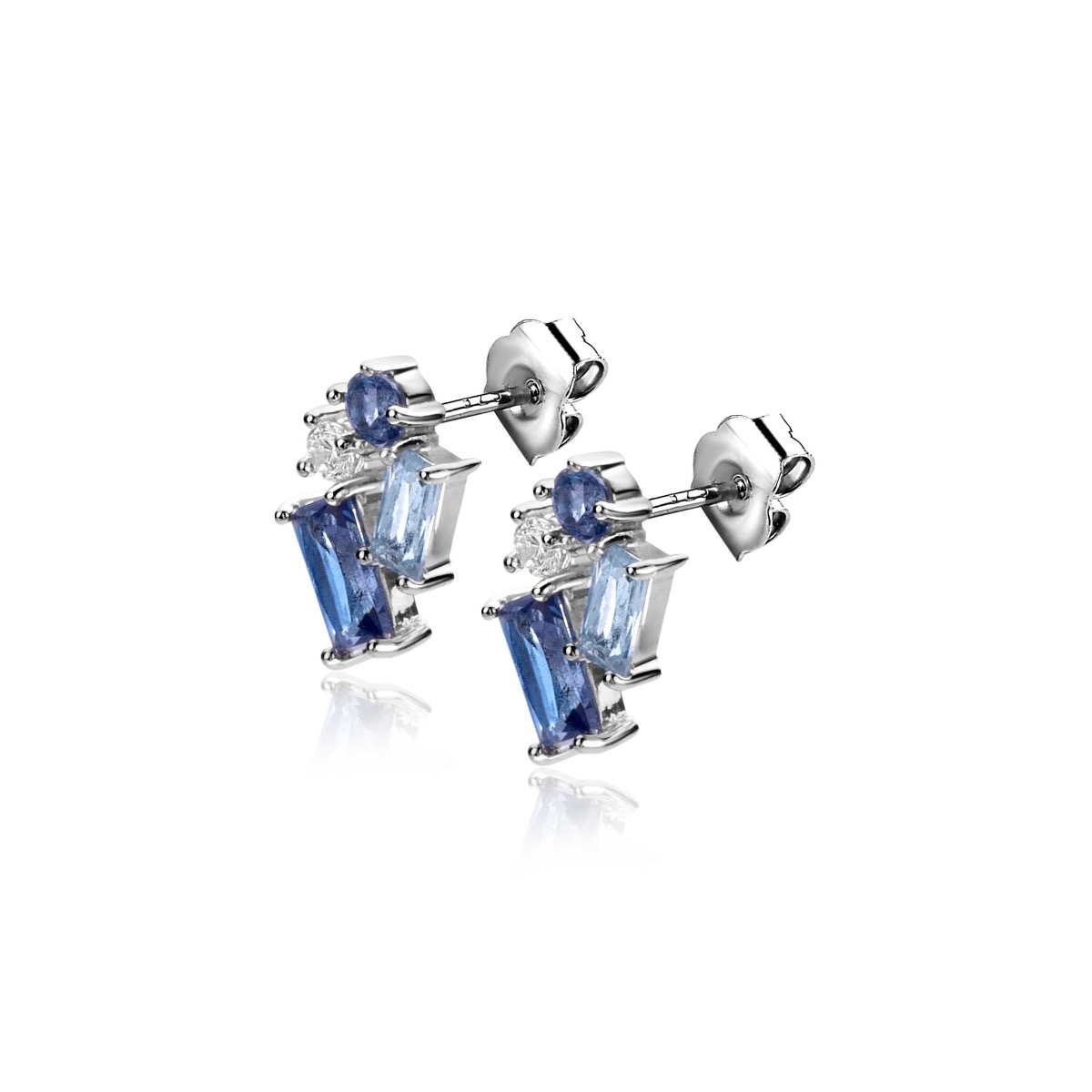 11mm ZINZI Sterling Silver Stud Earrings Round and Rectangular White and Blue Color Stones ZIO2293