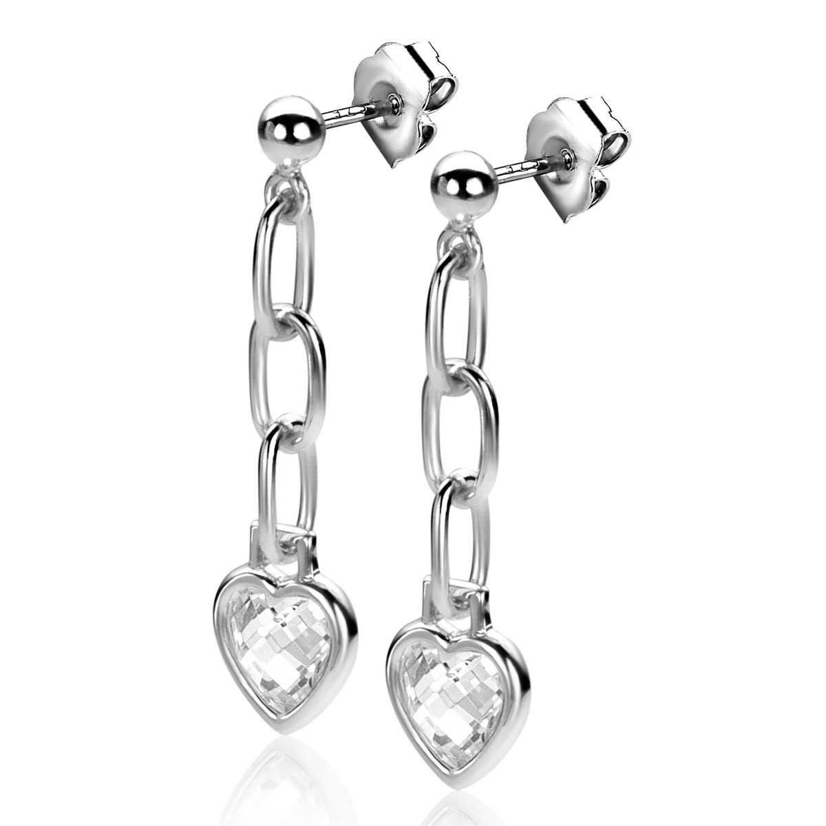 27mm ZINZI Sterling Silver Stud Earrings Paperclip Chain and Dangling Heart White Zirconia ZIO2303