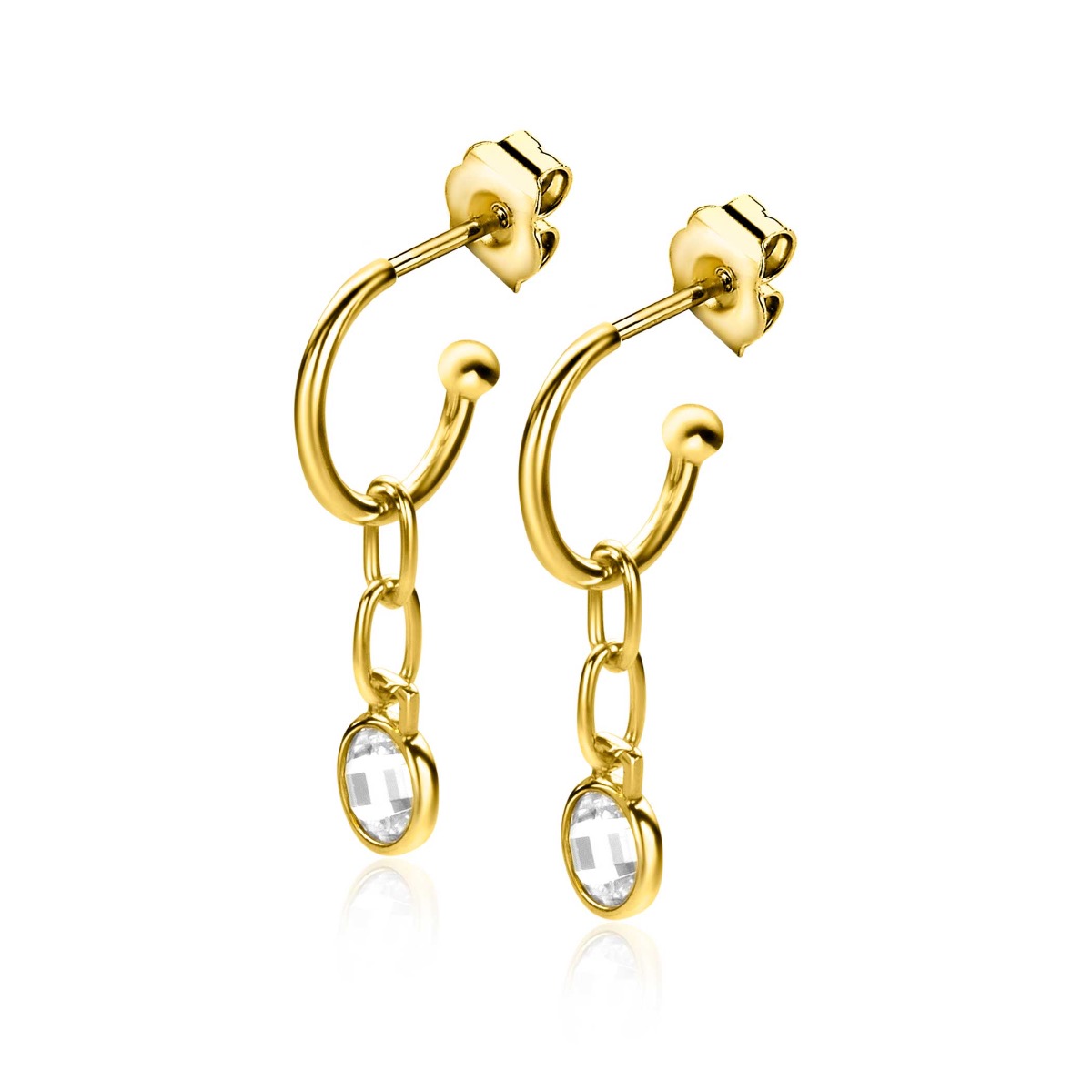 30mm ZINZI Gold Plated Sterling Silver Earrings Hoop and Paperclip Chain with Dangling Round White Zirconia ZIO2304G