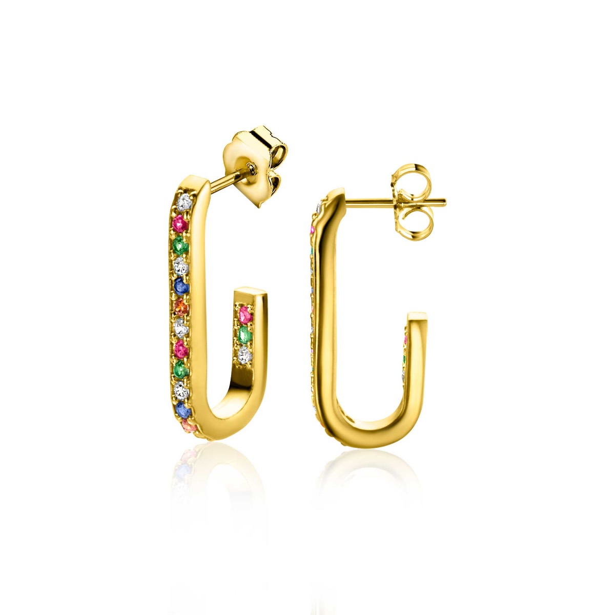 20mm ZINZI Gold Plated Sterling Silver Earrings with Oval Shape Set with Rainbow Zirconias ZIO2310YMC