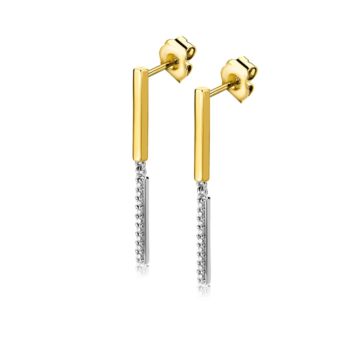 30mm ZINZI Gold Plated Sterling Silver Stud Earrings 2 Bars White Zirconias ZIO2325