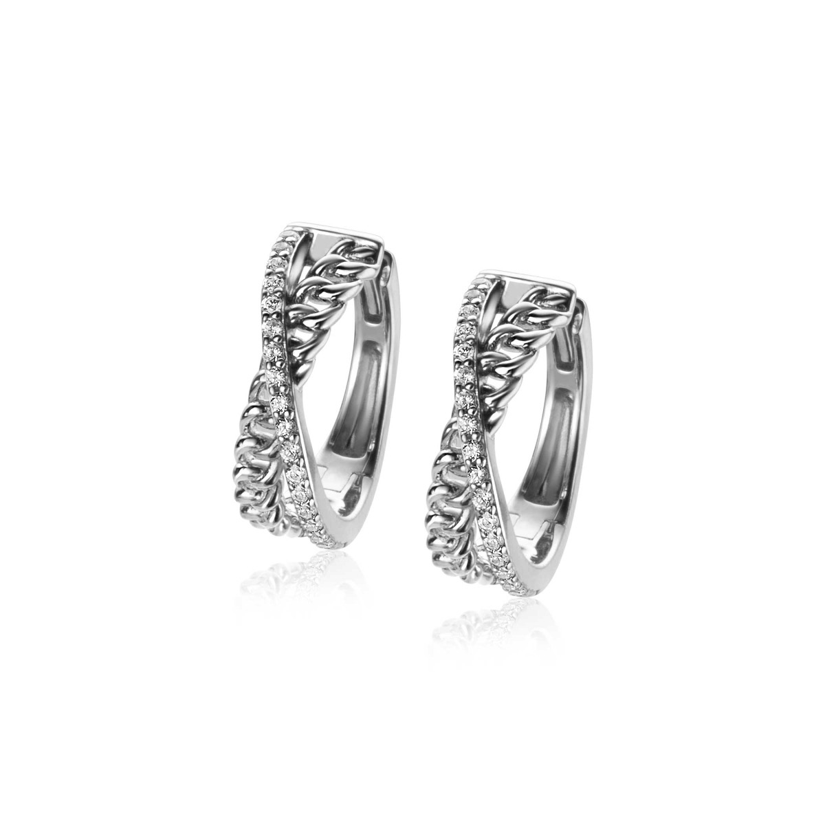 18mm ZINZI Sterling Silver Hoop Earrings Crossover White Zirconias and Curb Chain 18x6mm ZIO2326