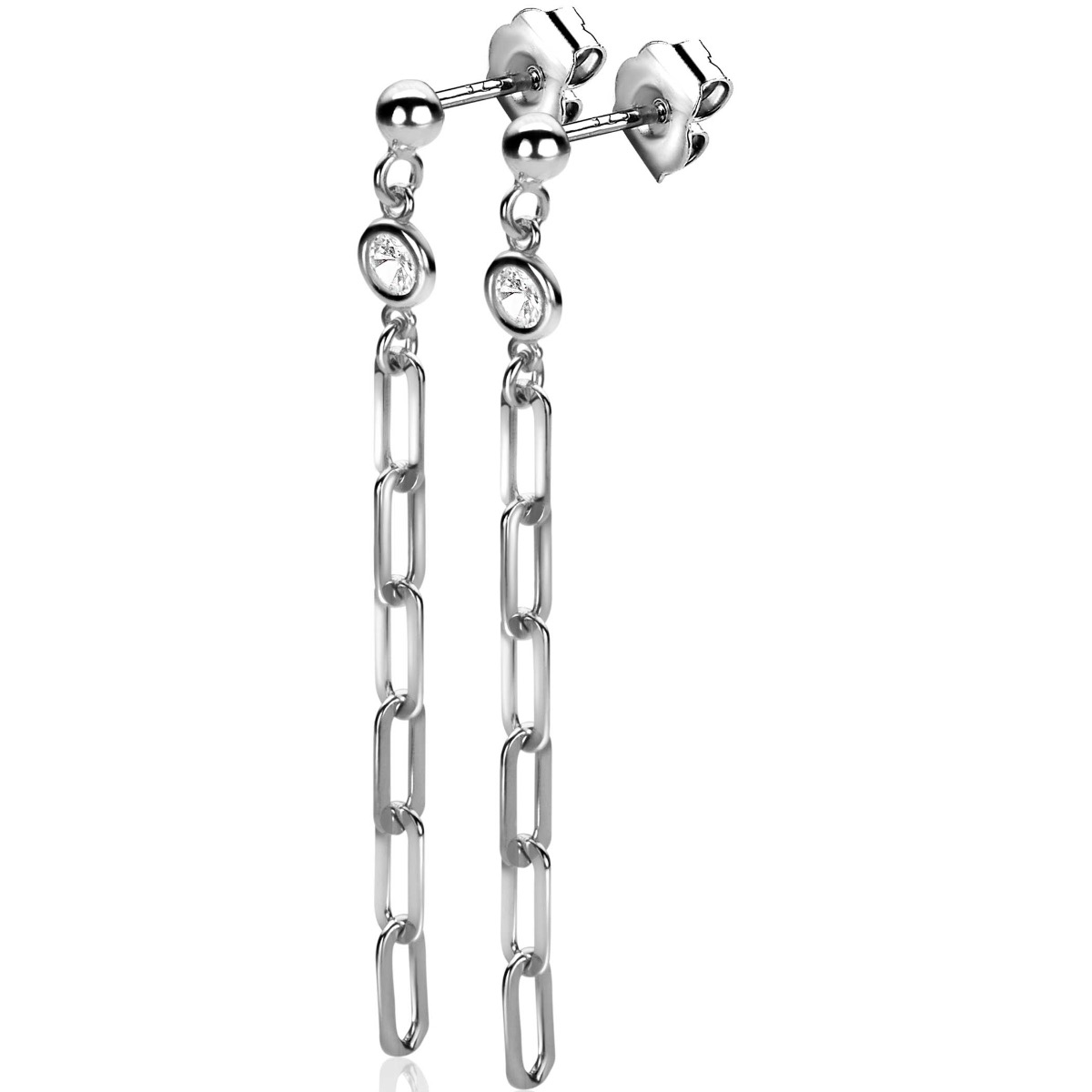58mm ZINZI Sterling Silver Stud Earrings Long Paperclip Chain with White Zirconia ZIO2363