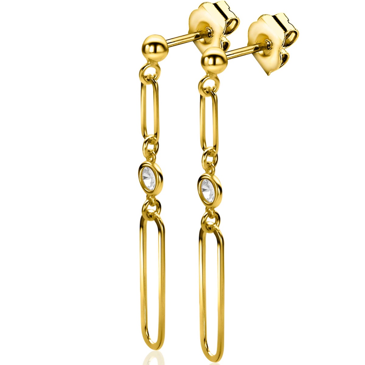 49mm ZINZI Gold Plated Sterling Silver Stud Earrings Long Paperclip Chains and Round White Zirconia ZIO2364Y