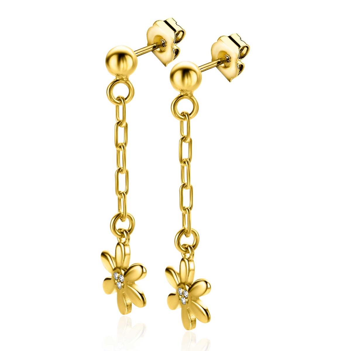34mm ZINZI Gold Plated Sterling Silver Stud Earrings Long with Paperclip Chain and Elegant Flower Charm ZIO2379
