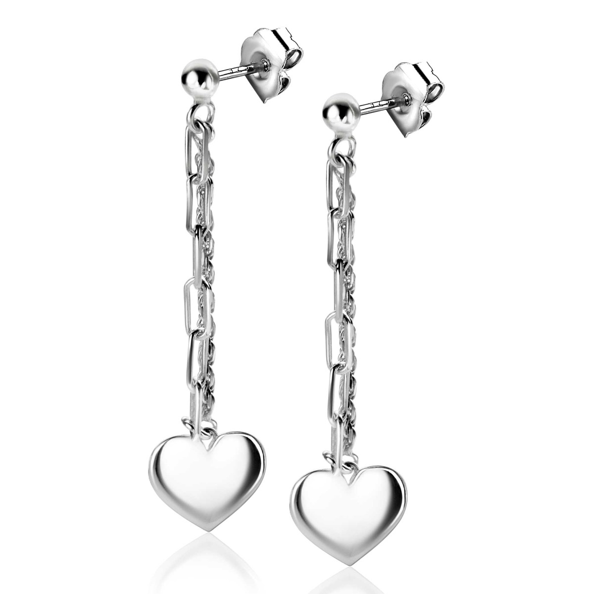 52mm ZINZI Sterling Silver Stud Earrings Long with 2 Trendy Chains and Smooth Heart ZIO2381