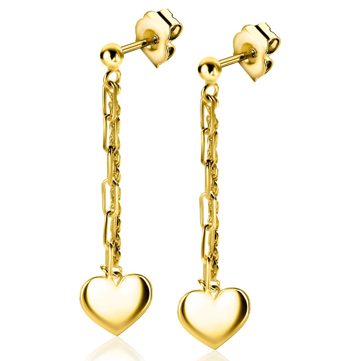 52mm ZINZI Gold Plated Sterling Silver Stud Earrings Long with 2 Trendy Chains and Smooth Heart ZIO2381G