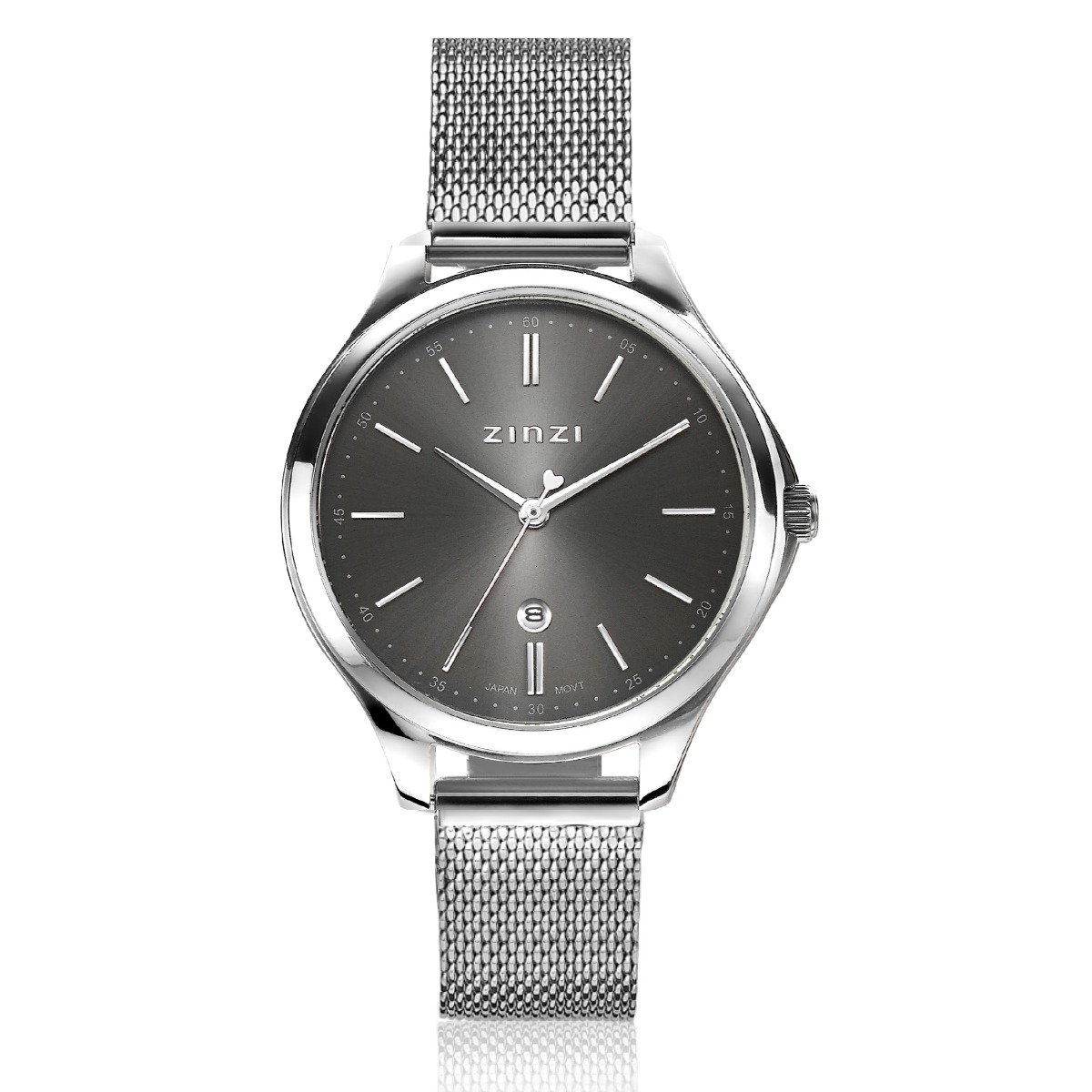 ZINZI Classy Watch 34mm Grey Dial Stainless Steel Case and Mesh Strap with Date ZIW1024M