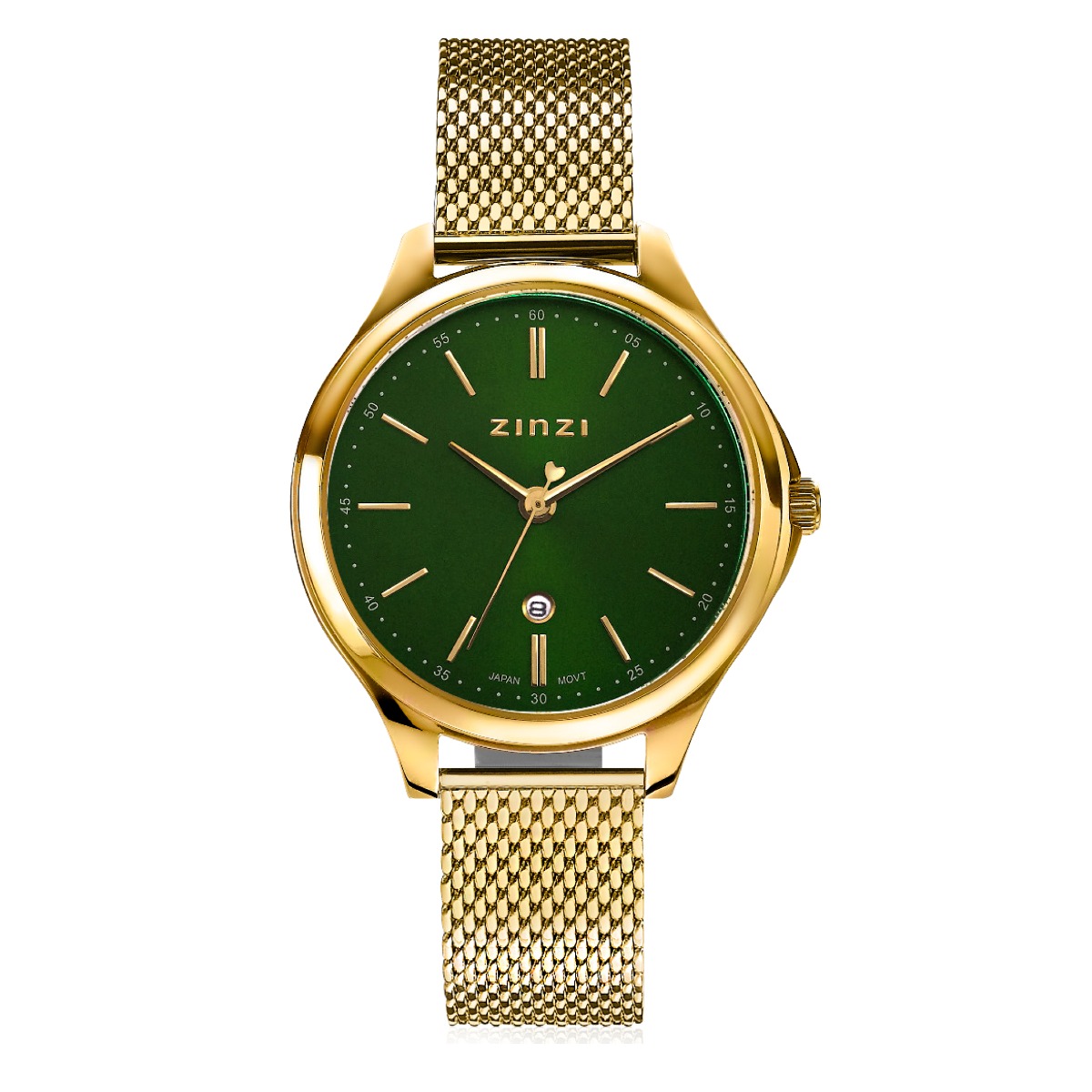 ZINZI Classy Watch 34mm Green Dial Gold Colored Stainless Steel Case and Mesh Strap with Date ZIW1035M