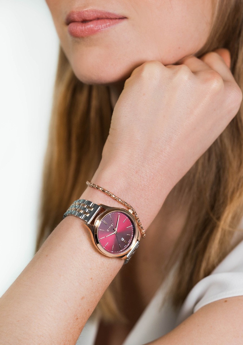ZINZI Classy Watch 34mm Dark Red Dial Rose Gold Colored Stainless Steel Case and Bicolor Strap with Date ZIW1038