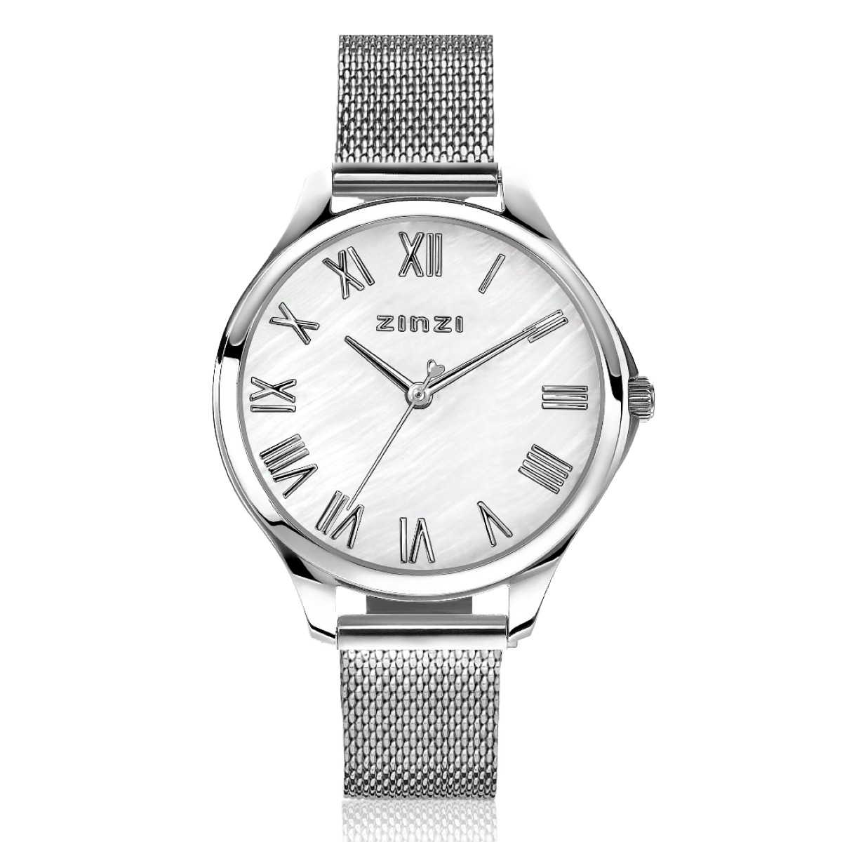 ZINZI Watch JULIA 34mm White Mother-of-Pearl Dial Roman Figures Stainless Steel Case and Mesh Strap ZIW1117M