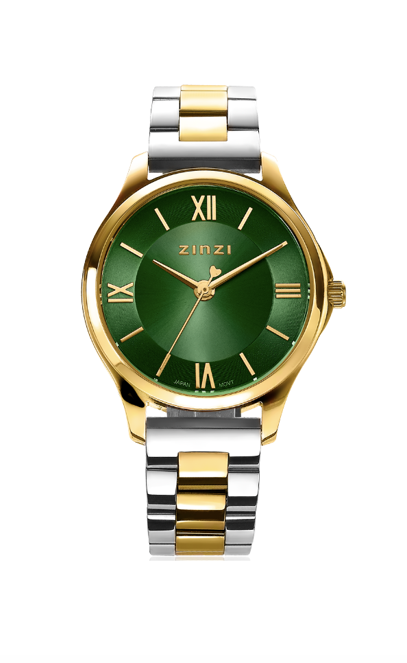 ZINZI Classy Mini Watch 30mm Green Dial Golden Colored Stainless Steel Case and Bicolor Strap ZIW1235
