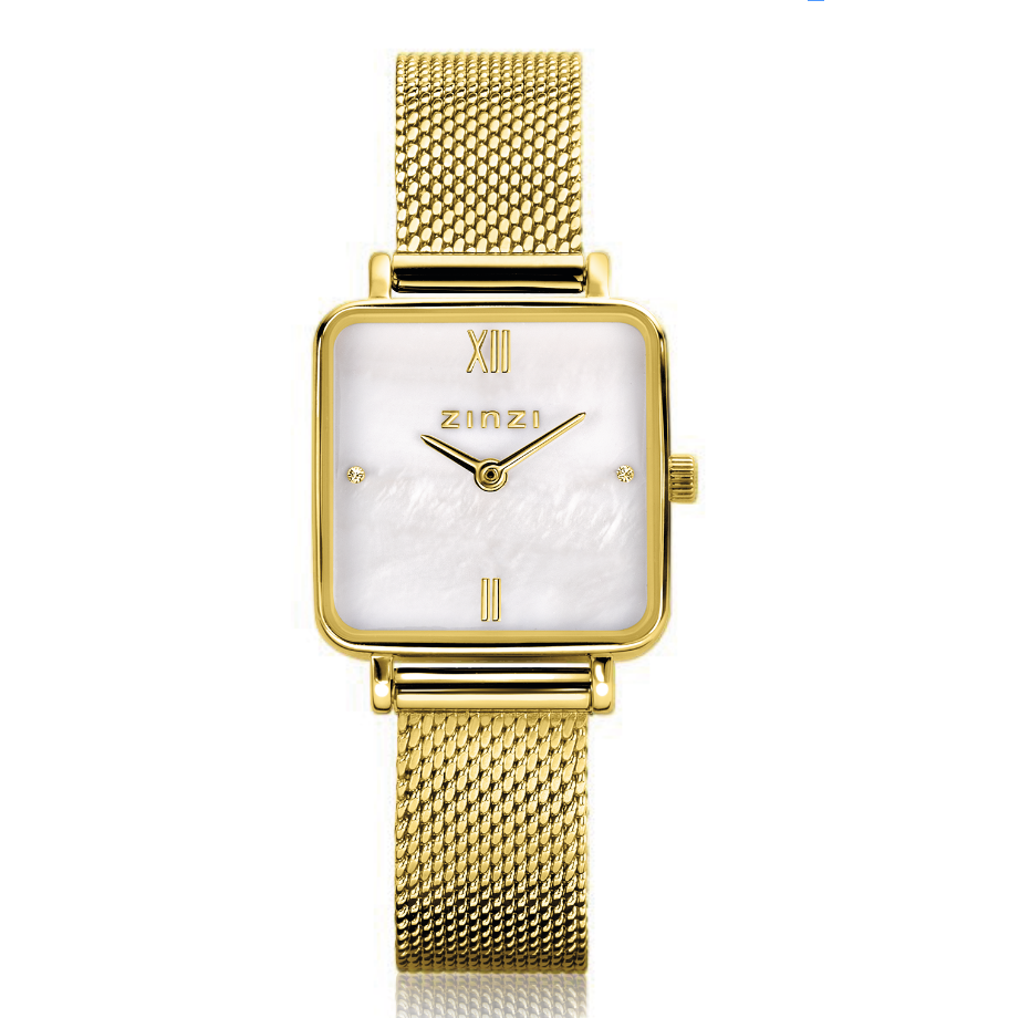ZINZI Square Mini Watch White Mother-of-Pearl Dial and Square Gold Colored Case Stainless Steel Mesh Band 22mm  ZIW1734