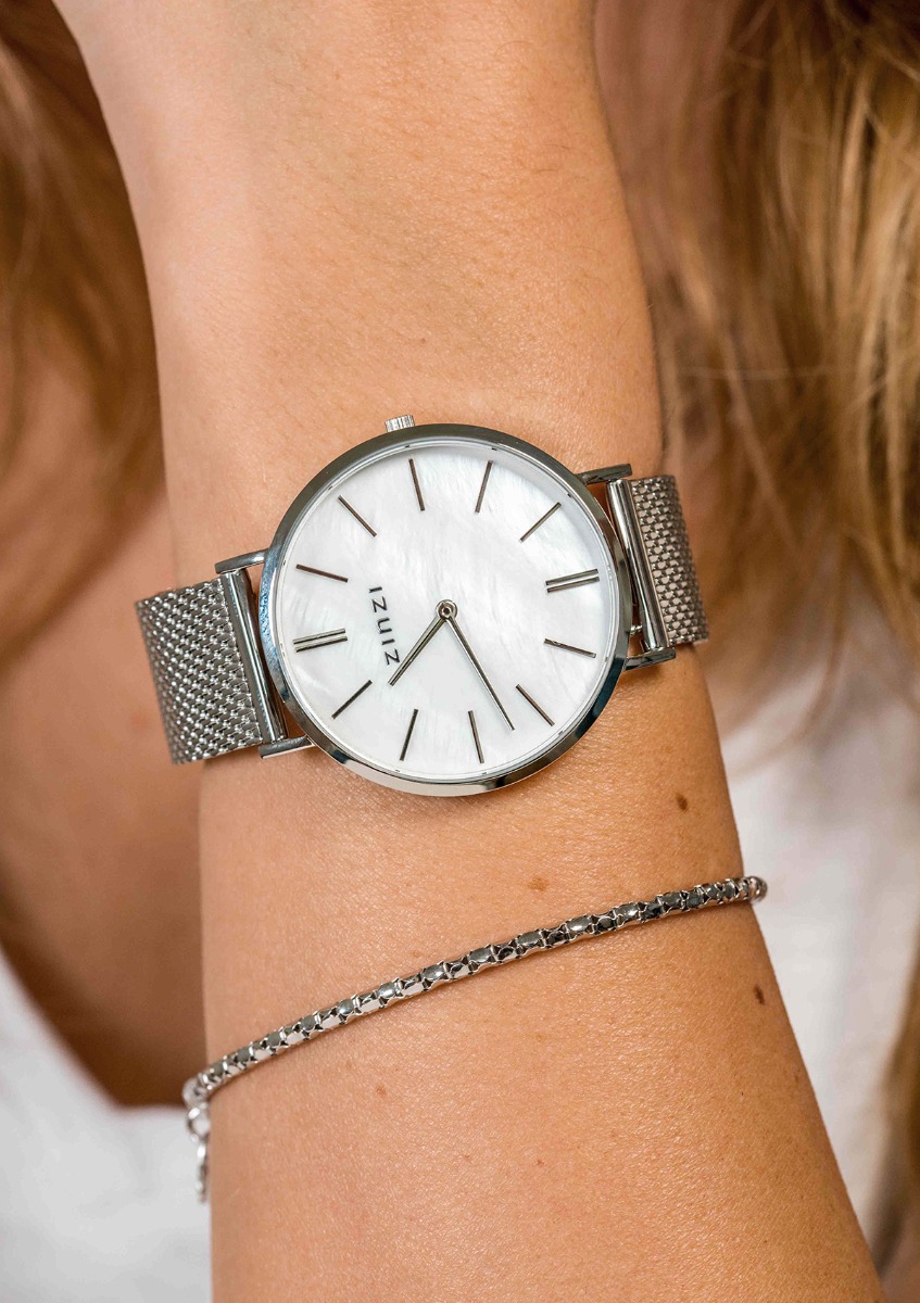 ZINZI Retro Watch White Mother-of-Pearl and Silver Colored Dial Silver Colored Stainless Steel Case and Mesh Strap 38mm  ZIW417M