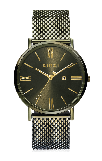 ZINZI Roman Watch Olive Green and Gold Colored Dial Olive Green Stainless Steel Case and Mesh Strap 34mm ZIW544M