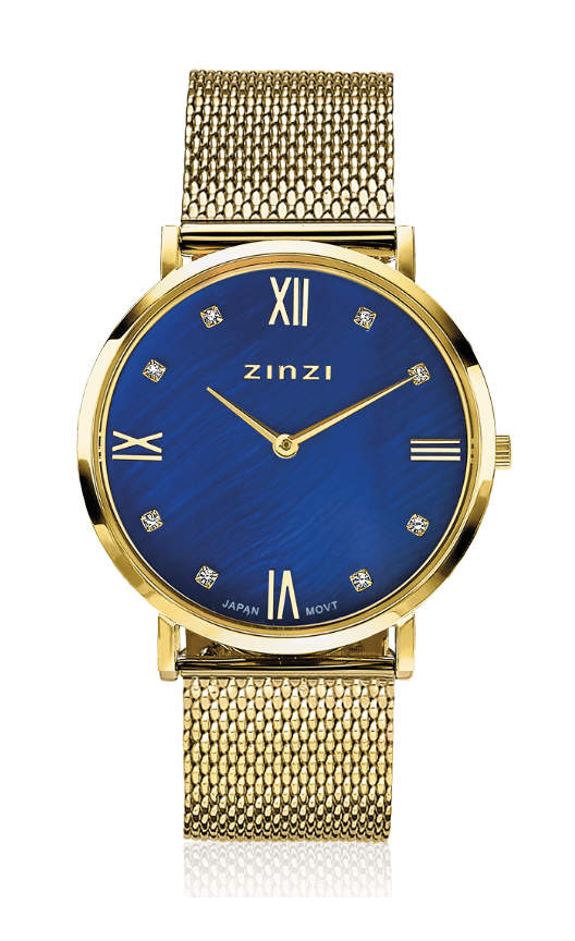 ZINZI Roman Watch Dark Blue Mother-of-Pearl Dial with White Zirconias Gold Colored Stainless Steel Case and Mesh Strap 34mm ZIW547M