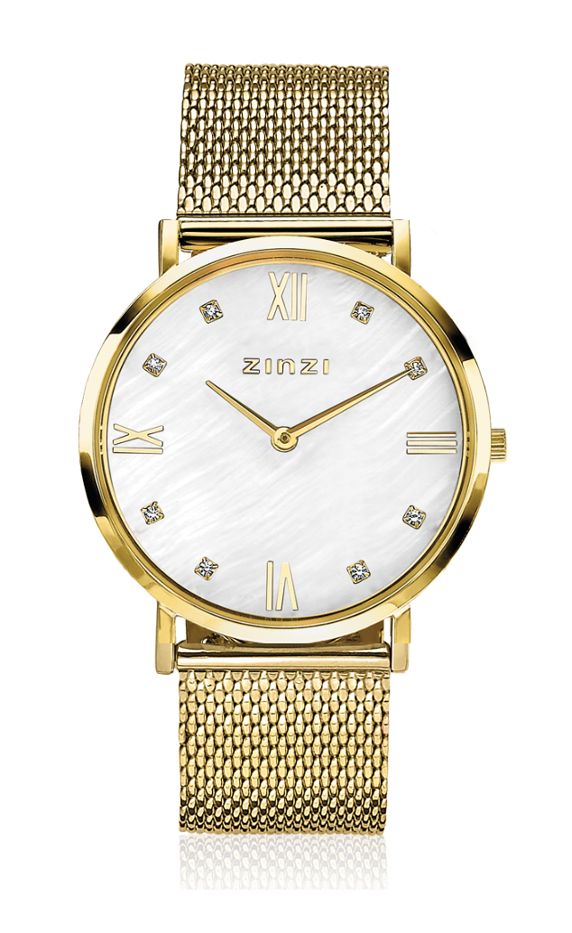 ZINZI Roman Watch White Mother-of-Pearl Dial Gold Colored Stainless Steel Case and Mesh Strap 34mm ZIW548M