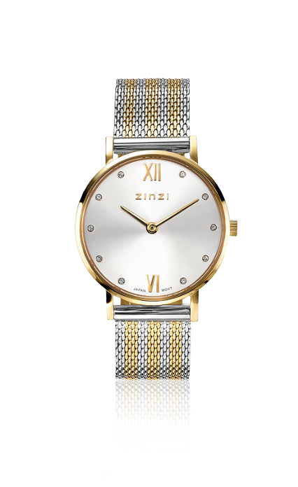 ZINZI Lady Crystal Watch 28mm Silver Colored Dial with White Crystals Gold Colored Case and Bicolor Stainless Steel Mesh Strap ZIW633MB