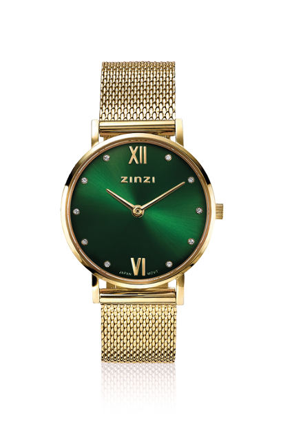 ZINZI Lady Crystal Watch 28mm Green Dial with White Crystals Gold Colored Case and Stainless Steel Mesh Strap ZIW635M