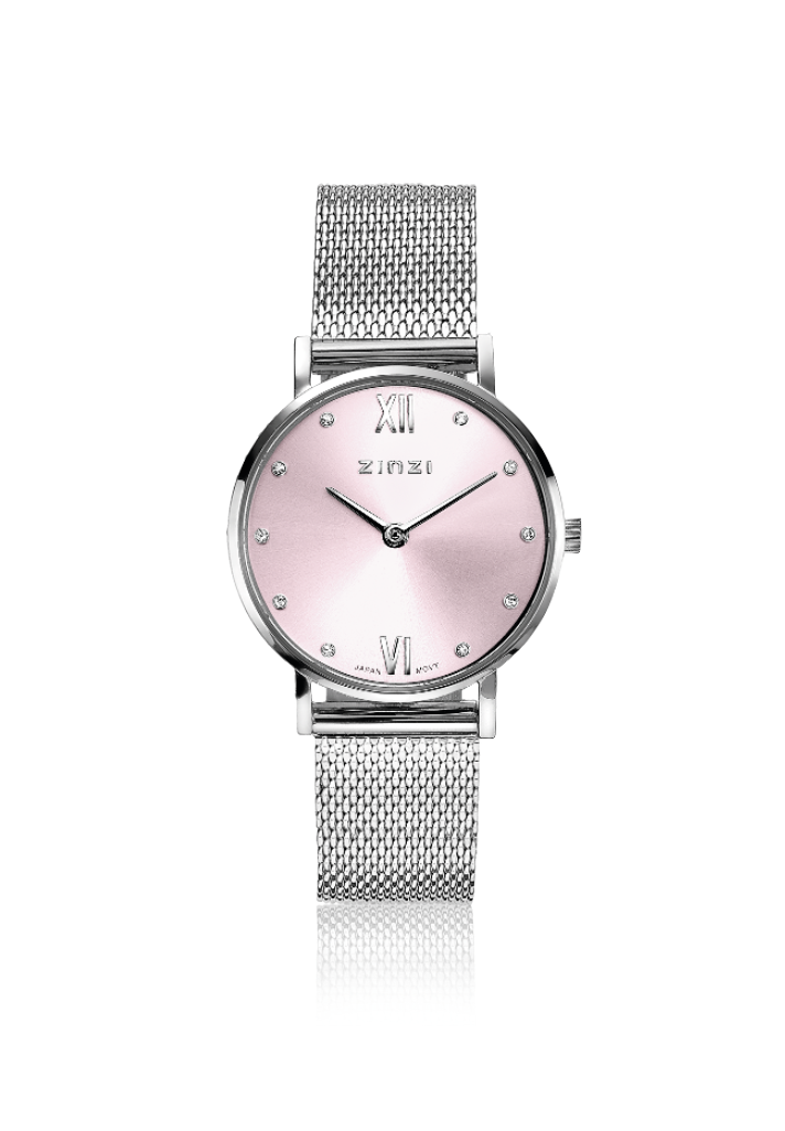 ZINZI Lady Crystal Watch 28mm Pink Dial with White Crystals Stainless Steel Case and Mesh Strap ZIW641M