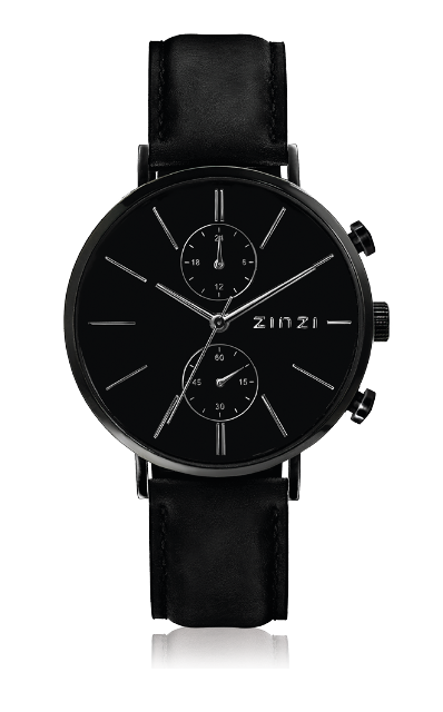 ZINZI Man Traveller Watch 39mm Black Dial Stainless Steel Case and Black Leather Strap with dual time ZIW750