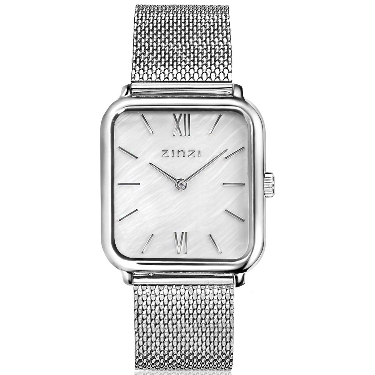 ZINZI Square Roman Watch 32mm White Mother-of-Pearl Dial Silver Colored Square Case and Mesh Strap ZIW821M